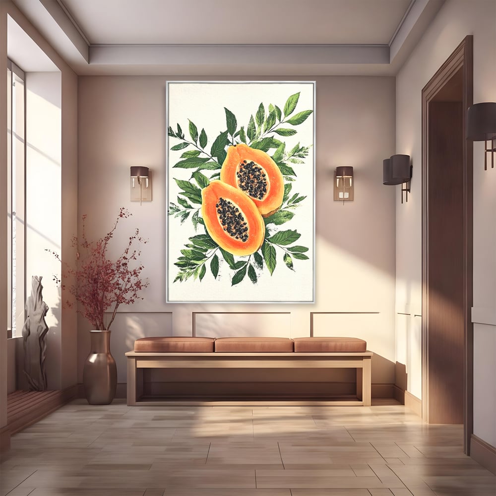 Tablou canvas cu ilustratie cu papaya si frunze tropicale, in rama de aluminiu argintiu
