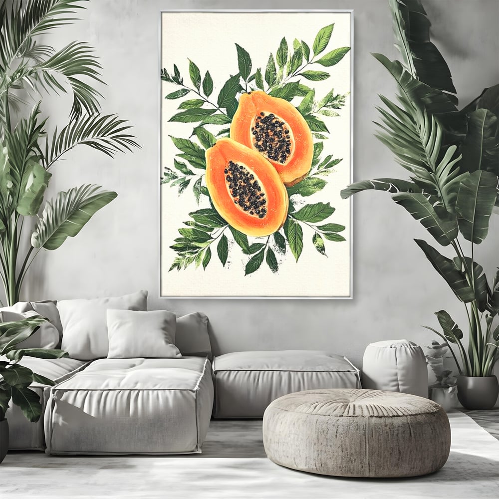 Tablou canvas cu ilustratie cu papaya si frunze tropicale, in rama de aluminiu argintiu, pe perete intr-un living