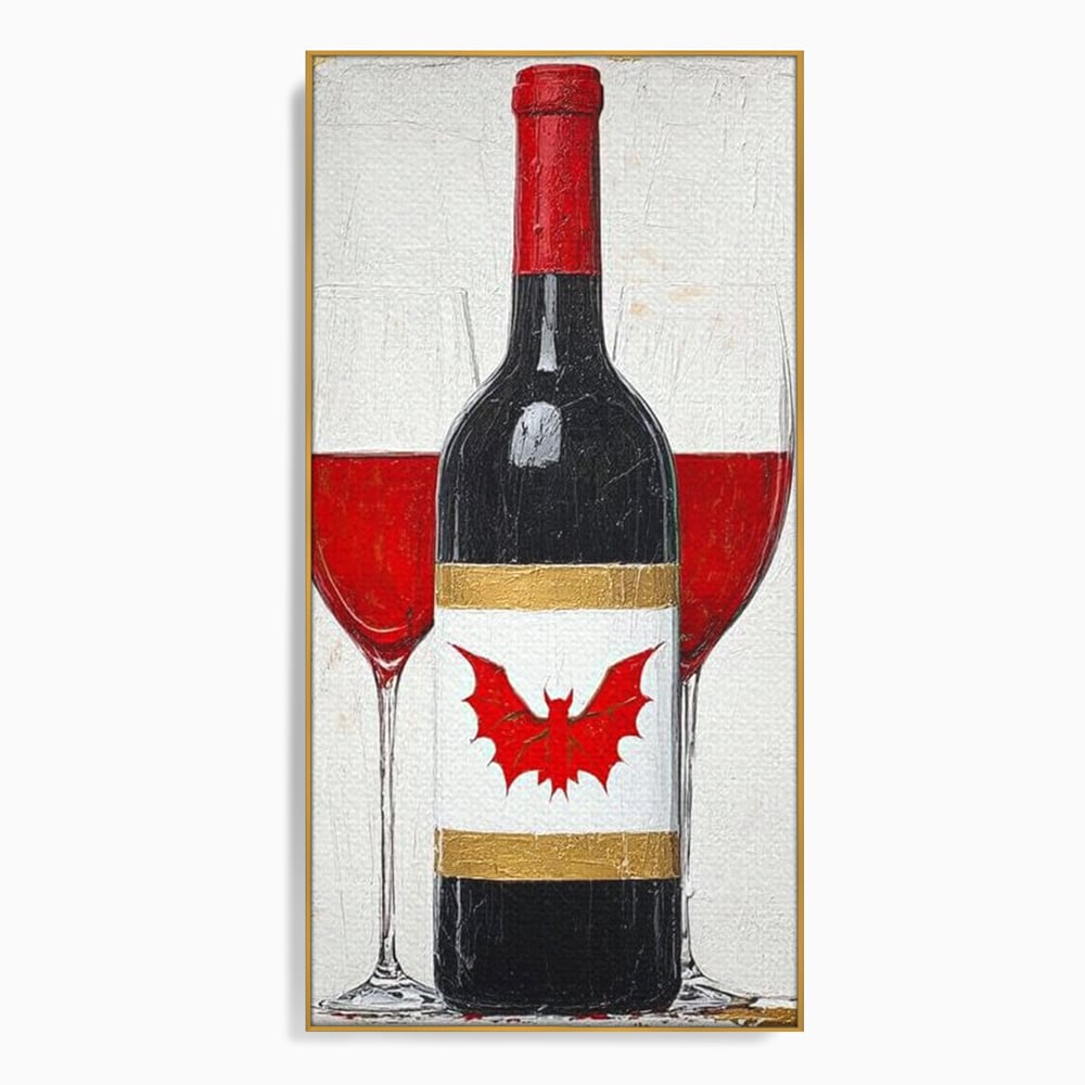 Tablou canvas cu tablou canvas cu sticla de vin si lilieci, in rama de aluminiu auriu