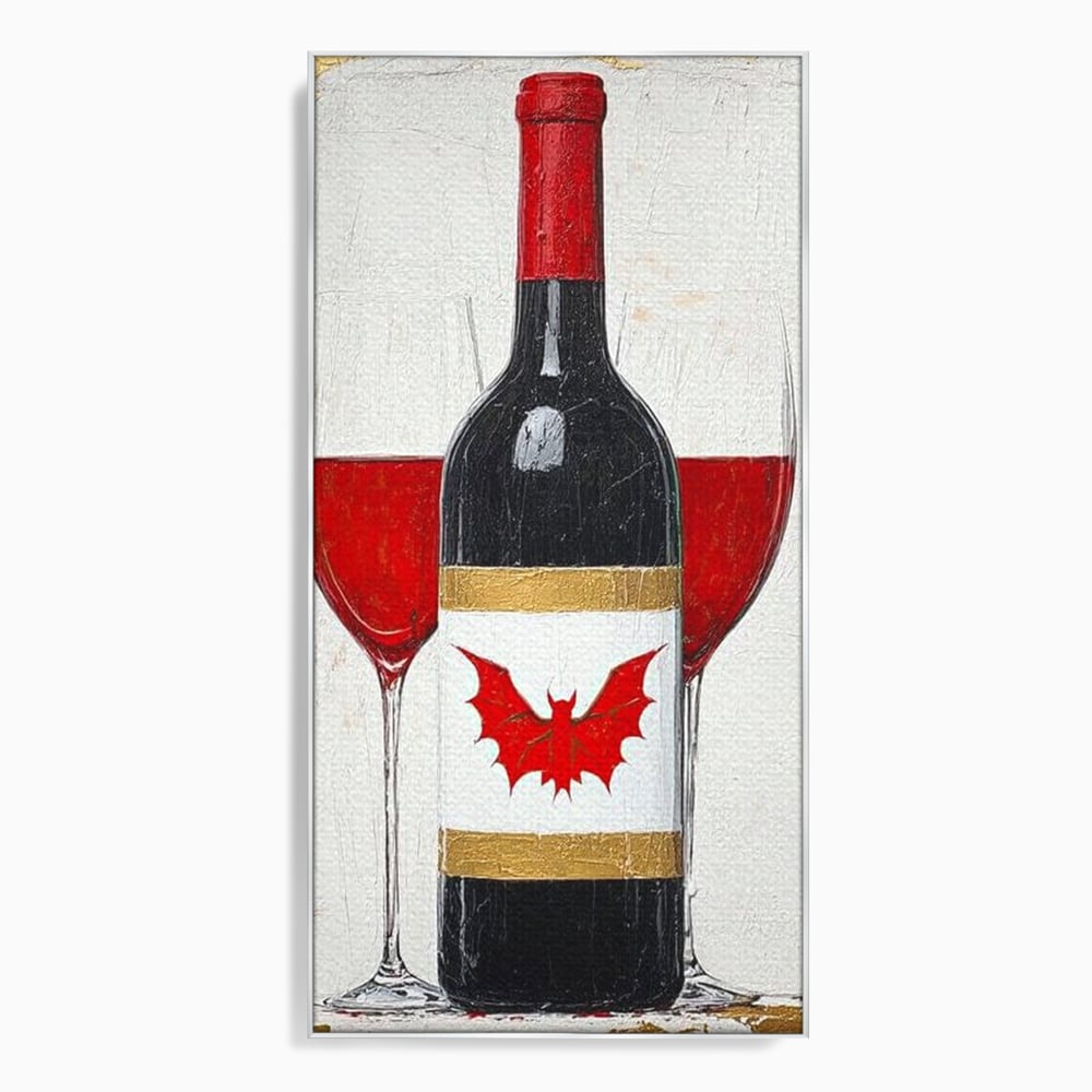 Tablou canvas cu tablou canvas cu sticla de vin si lilieci, in rama de aluminiu argintiu
