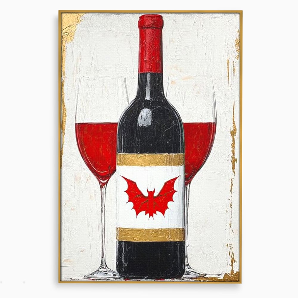 Tablou canvas cu tablou canvas cu sticla de vin si lilieci, in rama de aluminiu auriu