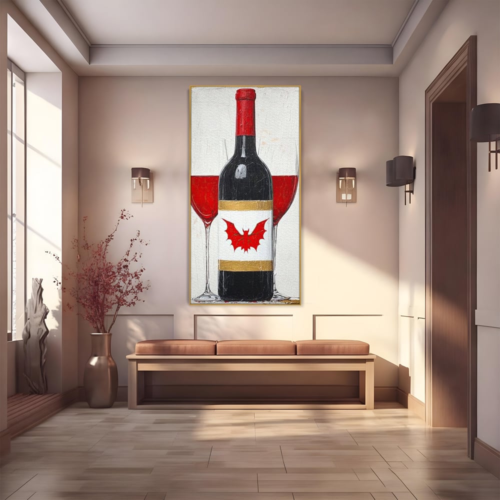 Tablou canvas cu tablou canvas cu sticla de vin si lilieci, in rama de aluminiu auriu