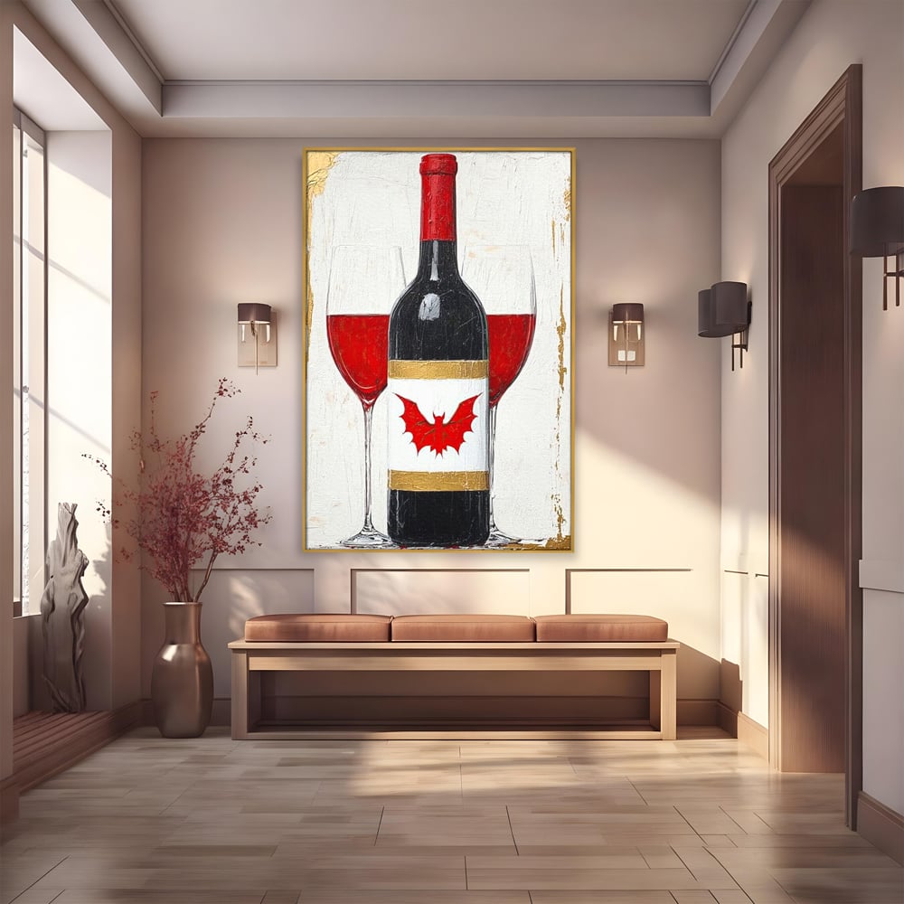 Tablou canvas cu tablou canvas cu sticla de vin si lilieci, in rama de aluminiu auriu