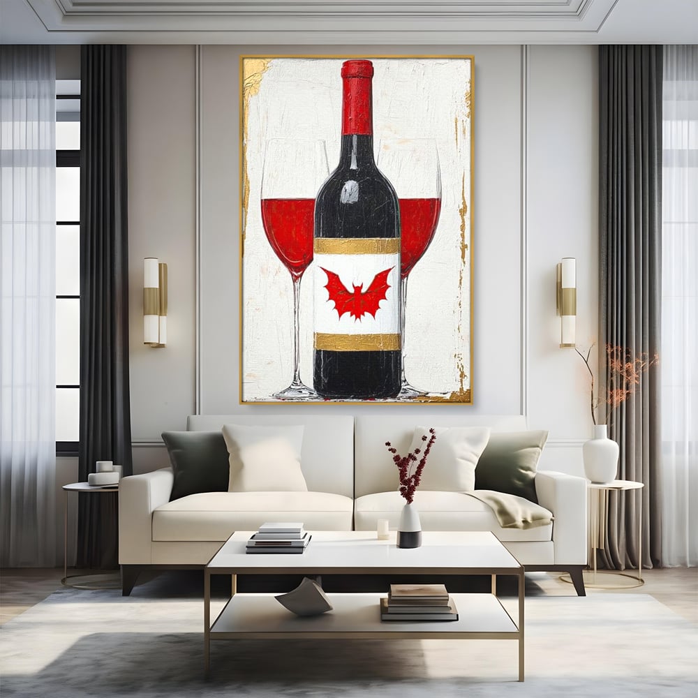Tablou canvas cu tablou canvas cu sticla de vin si lilieci, in rama de aluminiu auriu, pe perete intr-un living