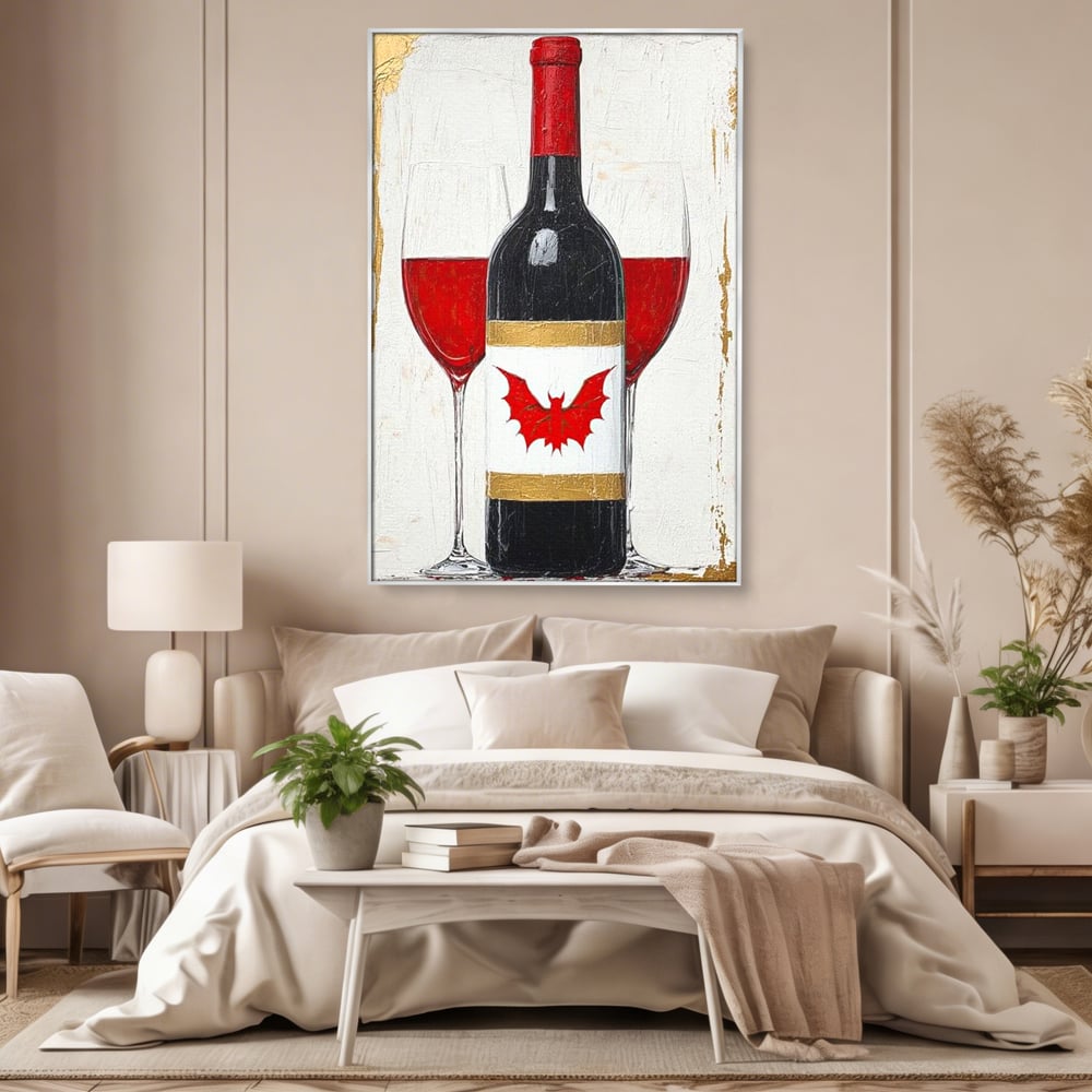 Tablou canvas cu tablou canvas cu sticla de vin si lilieci, in rama de aluminiu argintiu, pe perete intr-un dormitor