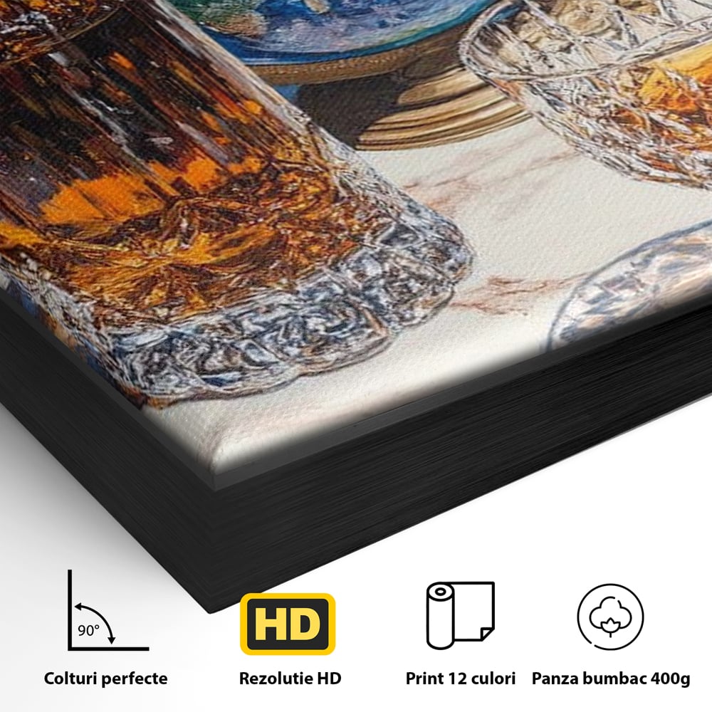 Detaliu al suprafetei: tablou canvas cu sticla de whisky si glob pamantesc, in rama de aluminiu negru