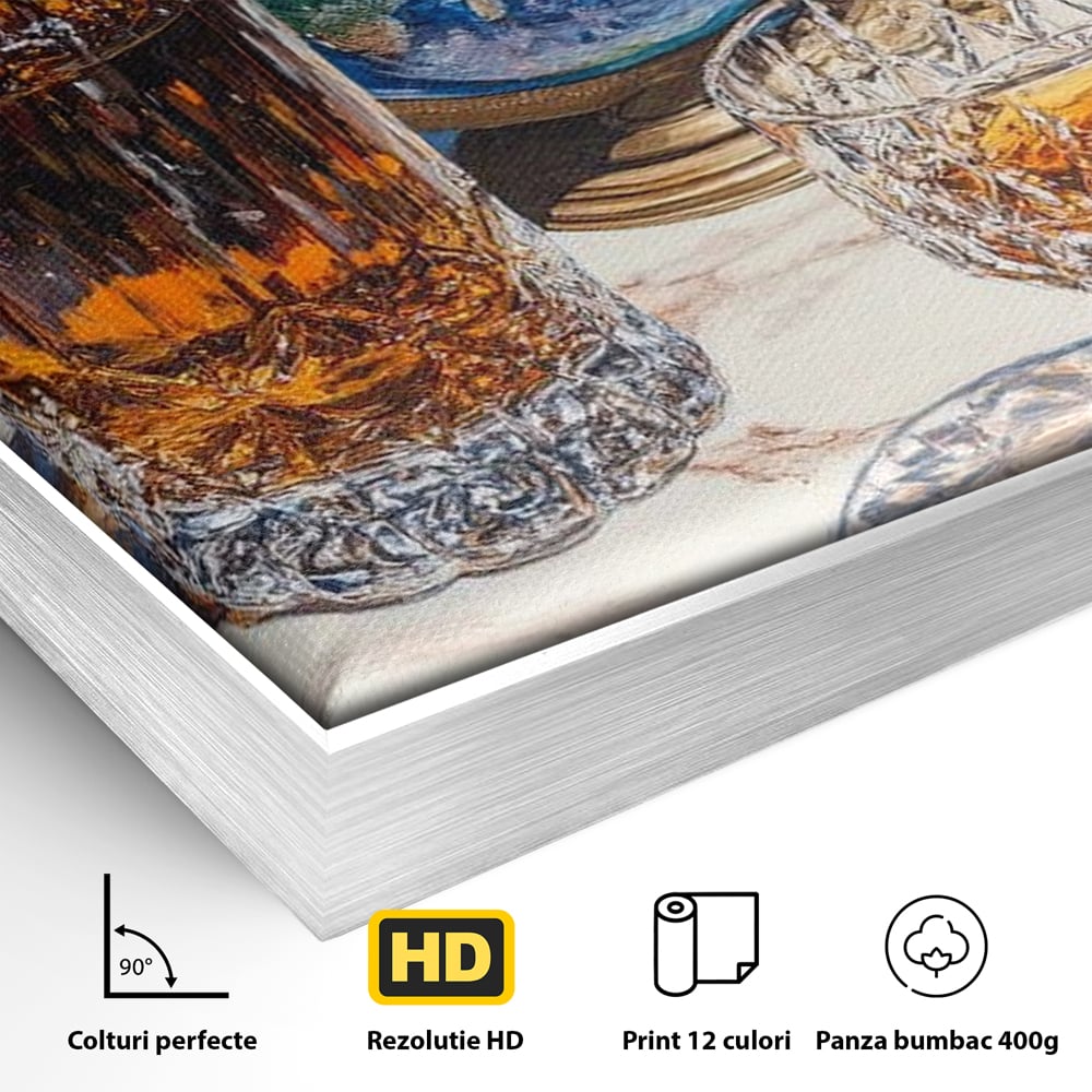 Detaliu al suprafetei: tablou canvas cu sticla de whisky si glob pamantesc, in rama de aluminiu argintiu
