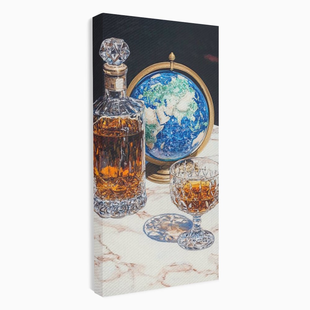 Tablou canvas cu tablou canvas cu sticla de whisky si glob pamantesc, fara rama, pe sasiu de lemn