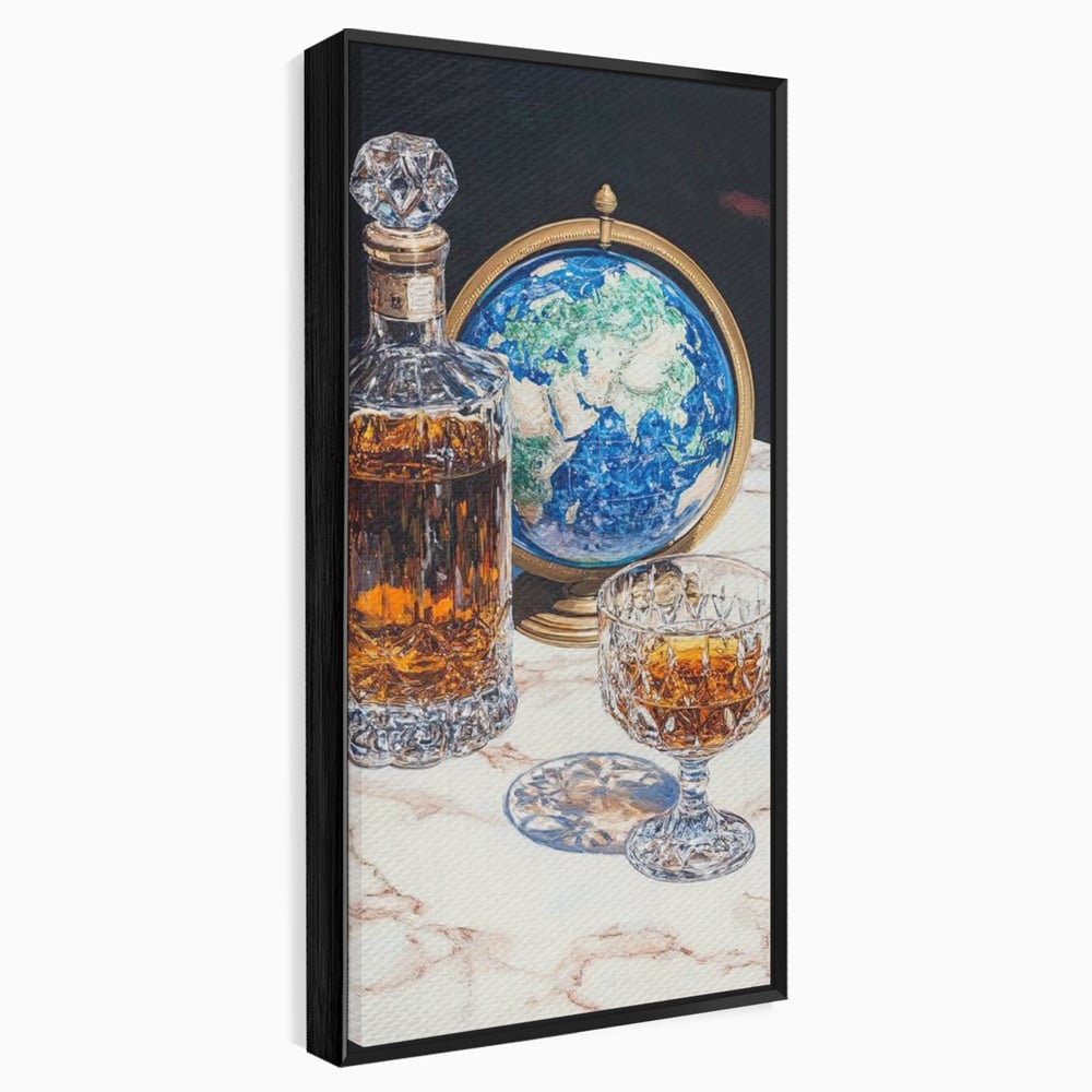 Tablou canvas cu tablou canvas cu sticla de whisky si glob pamantesc, in rama de aluminiu negru
