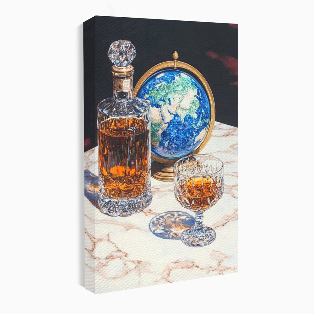 Tablou canvas cu tablou canvas cu sticla de whisky si glob pamantesc, fara rama, pe sasiu de lemn