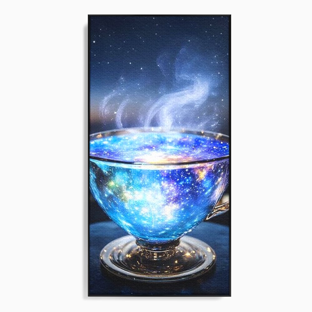 Tablou canvas cu ceasca transparenta cu galaxie, in rama de aluminiu negru