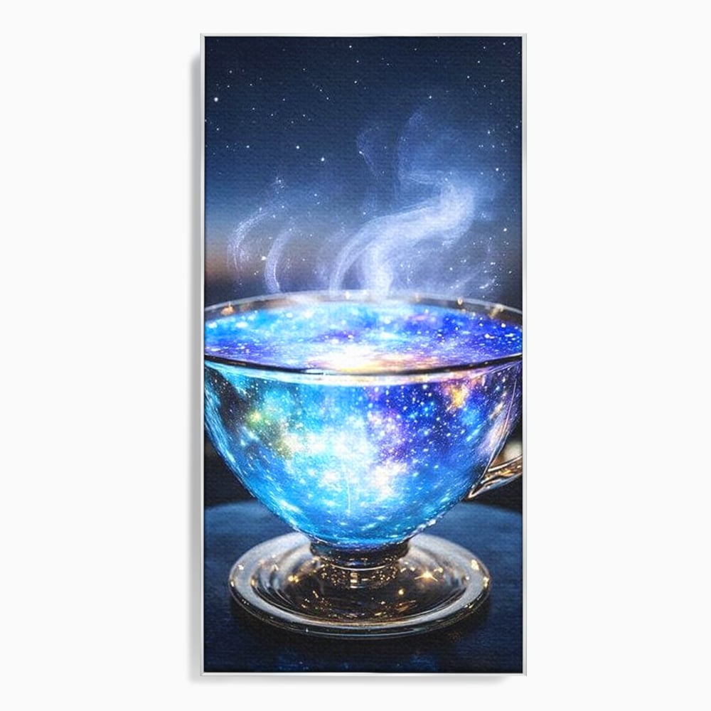 Tablou canvas cu ceasca transparenta cu galaxie, in rama de aluminiu argintiu