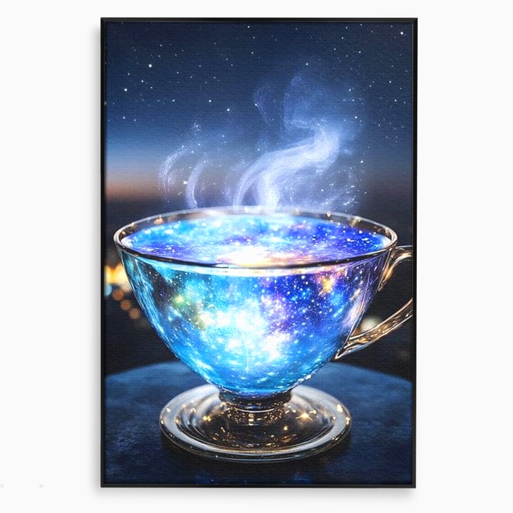 Tablou canvas cu ceasca transparenta cu galaxie, in rama de aluminiu negru
