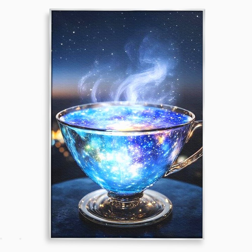 Tablou canvas cu ceasca transparenta cu galaxie, in rama de aluminiu argintiu