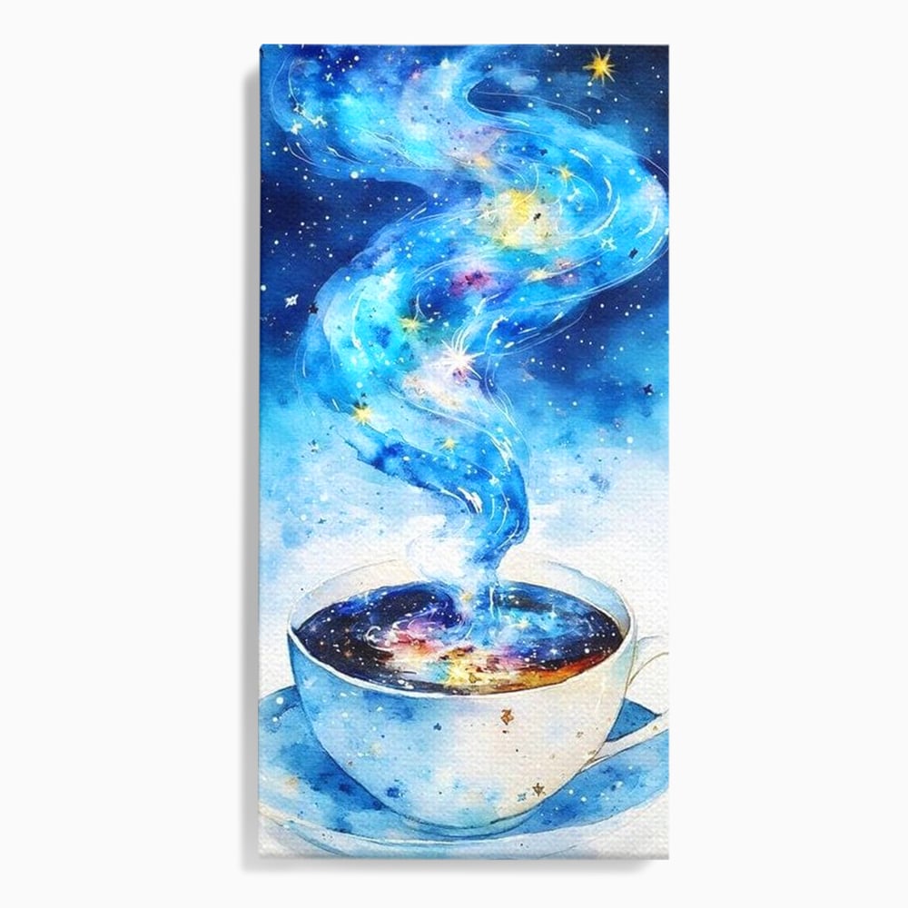 Tablou canvas cu ceasca de cafea cu galaxie, fara rama, pe sasiu de lemn