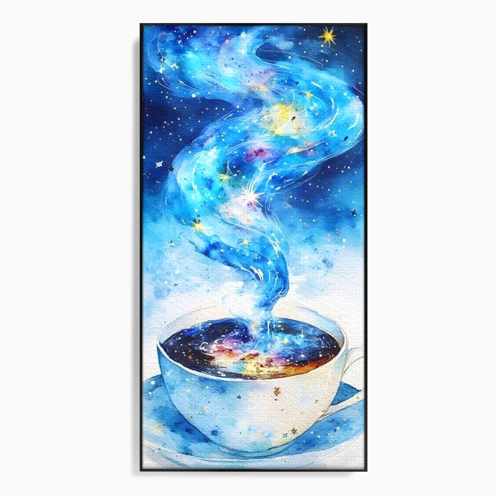 Tablou canvas cu ceasca de cafea cu galaxie, in rama de aluminiu negru