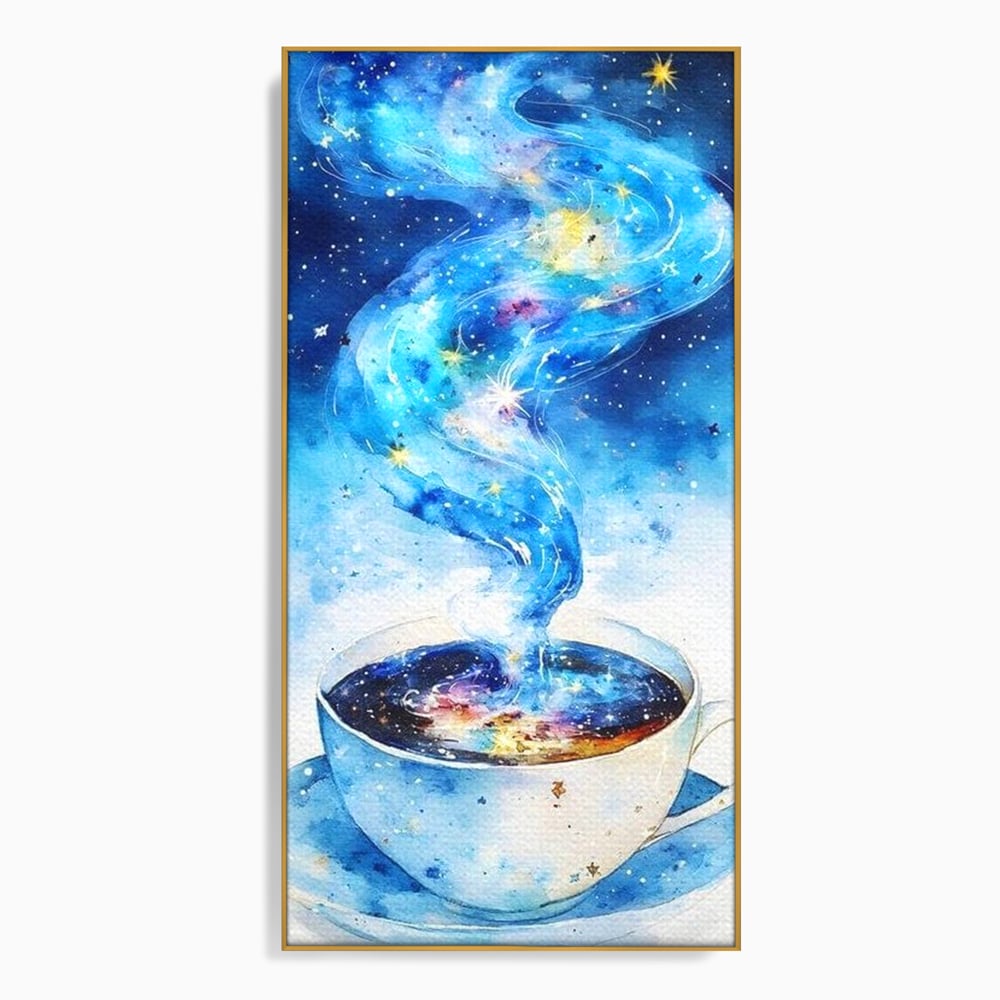 Tablou canvas cu ceasca de cafea cu galaxie, in rama de aluminiu auriu