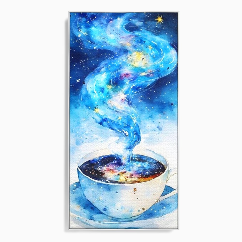 Tablou canvas cu ceasca de cafea cu galaxie, in rama de aluminiu argintiu