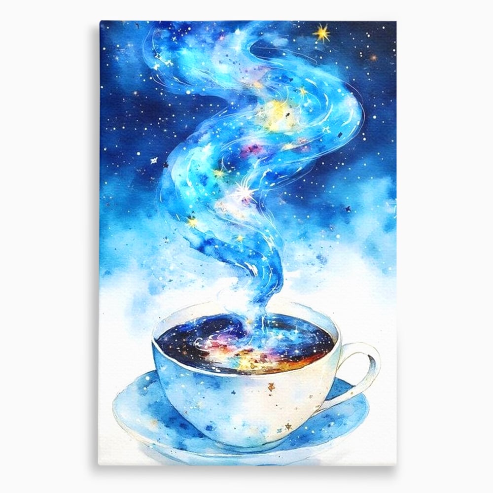 Tablou canvas cu ceasca de cafea cu galaxie, fara rama, pe sasiu de lemn
