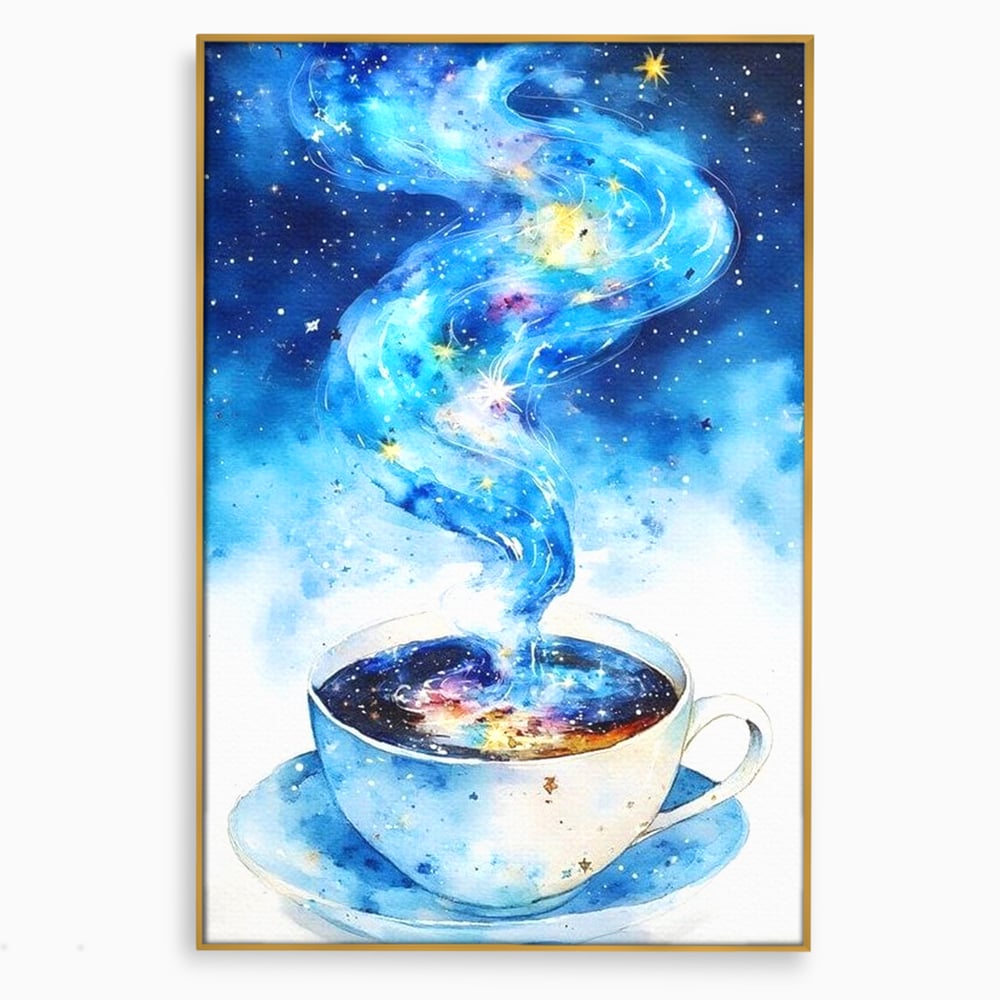 Tablou canvas cu ceasca de cafea cu galaxie, in rama de aluminiu auriu
