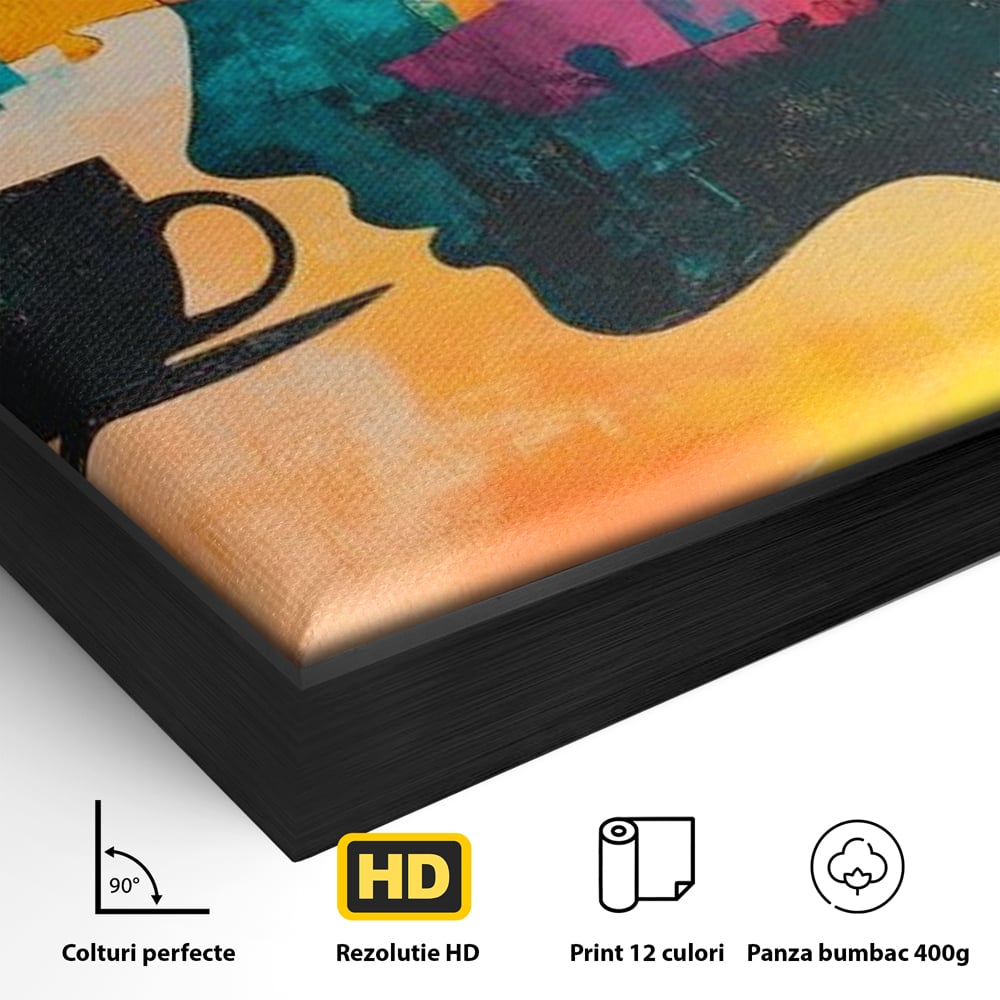 Detaliu al suprafetei: tablou canvas cu silueta de femeie si puzzle, in rama de aluminiu negru