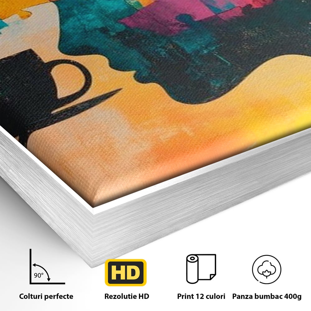 Detaliu al suprafetei: tablou canvas cu silueta de femeie si puzzle, in rama de aluminiu argintiu