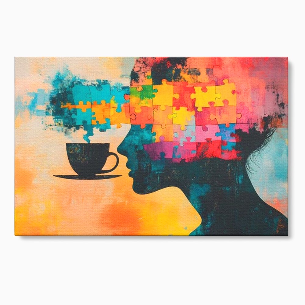 Tablou canvas cu tablou canvas cu silueta de femeie si puzzle, fara rama, pe sasiu de lemn