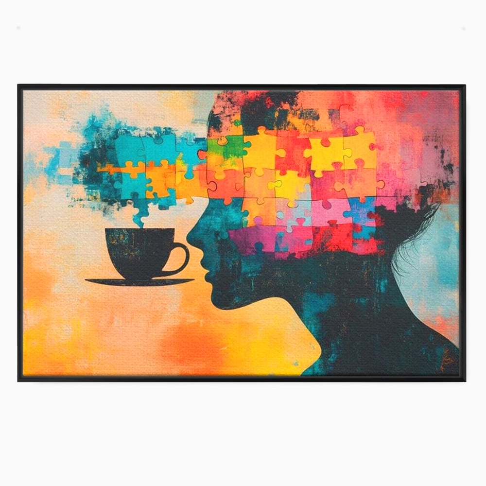 Tablou canvas cu tablou canvas cu silueta de femeie si puzzle, in rama de aluminiu negru