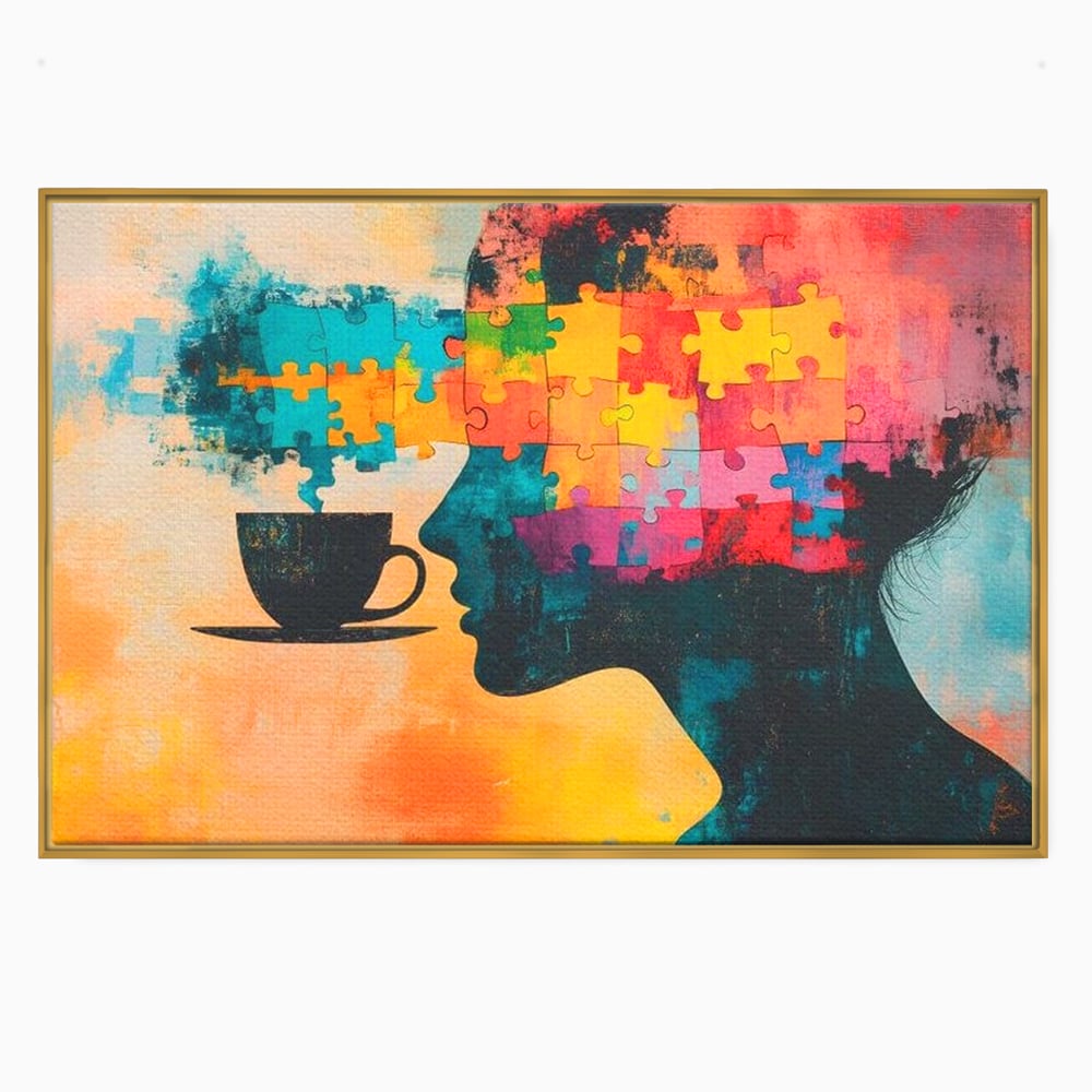 Tablou canvas cu tablou canvas cu silueta de femeie si puzzle, in rama de aluminiu auriu