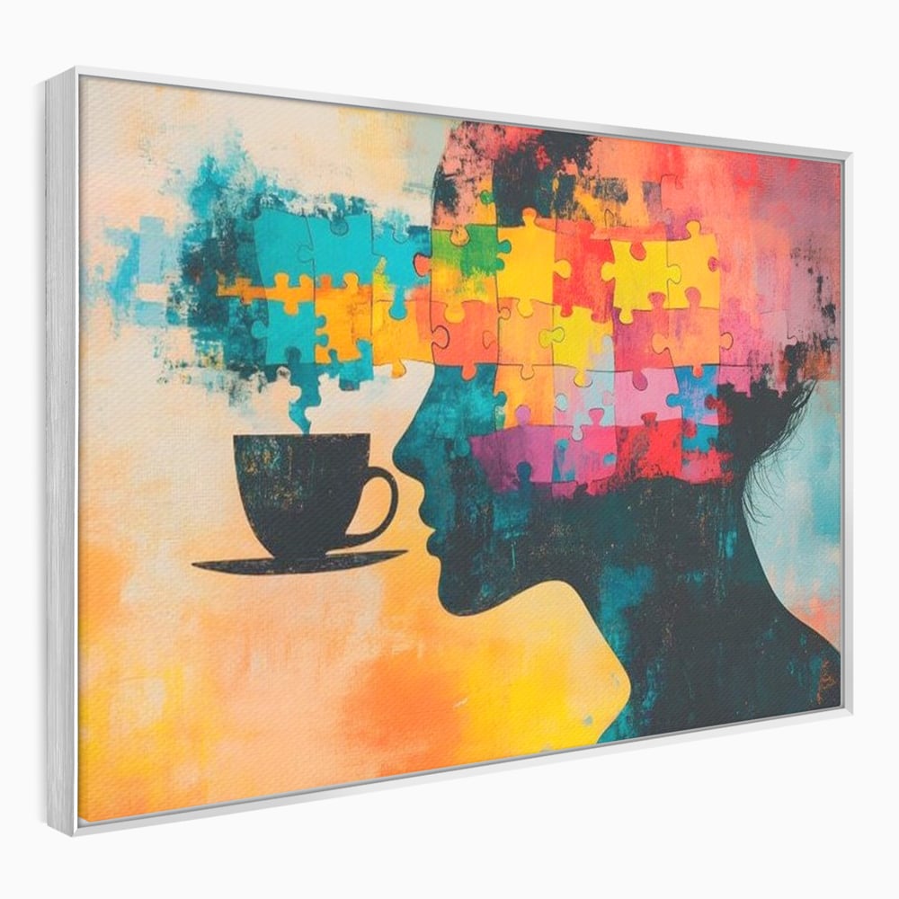 Tablou canvas cu tablou canvas cu silueta de femeie si puzzle, in rama de aluminiu argintiu