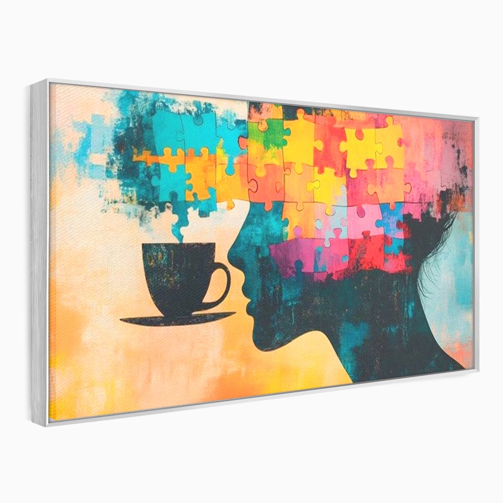 Tablou canvas cu tablou canvas cu silueta de femeie si puzzle, in rama de aluminiu argintiu