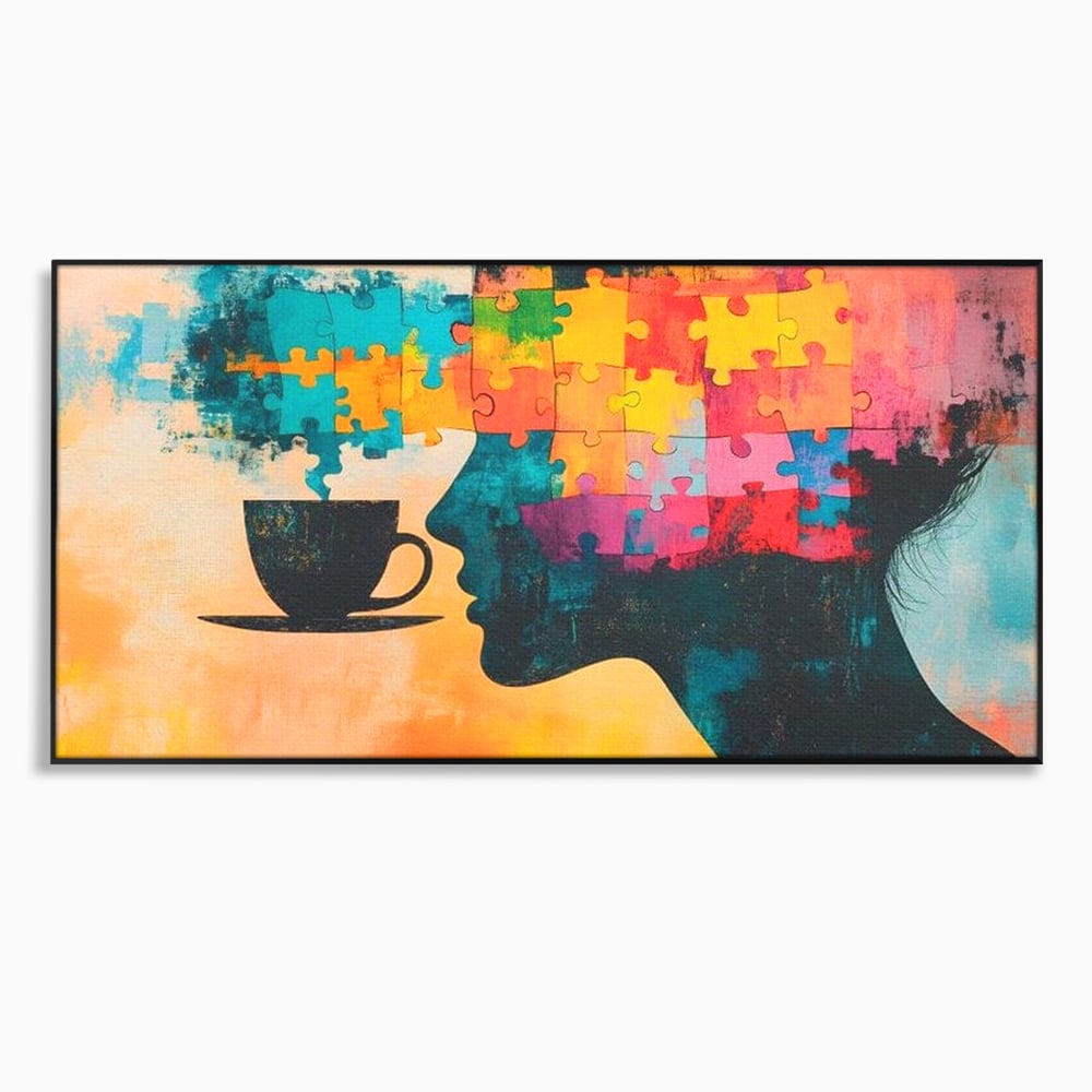 Tablou canvas cu tablou canvas cu silueta de femeie si puzzle, in rama de aluminiu negru