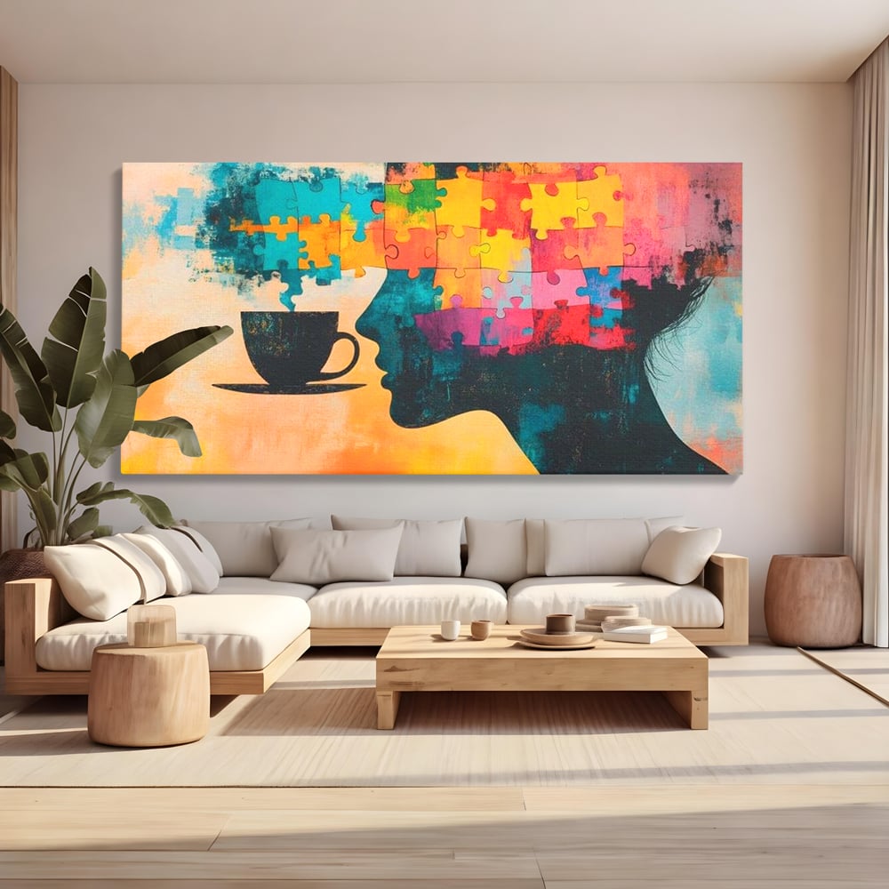 Tablou canvas cu tablou canvas cu silueta de femeie si puzzle, fara rama, pe sasiu de lemn, pe perete intr-un living