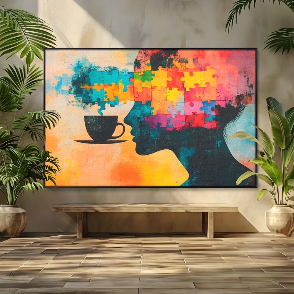 Tablou canvas cu tablou canvas cu silueta de femeie si puzzle, in rama de aluminiu negru