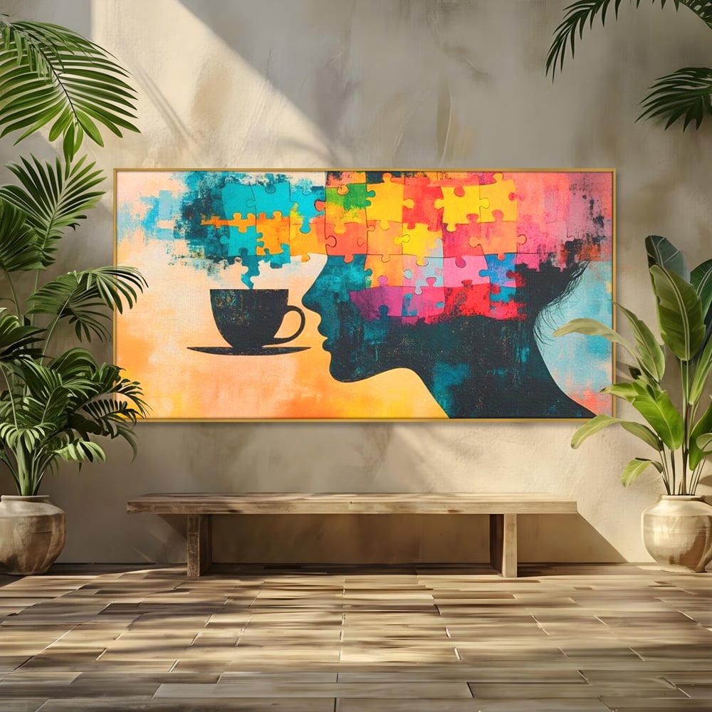 Tablou canvas cu tablou canvas cu silueta de femeie si puzzle, in rama de aluminiu auriu