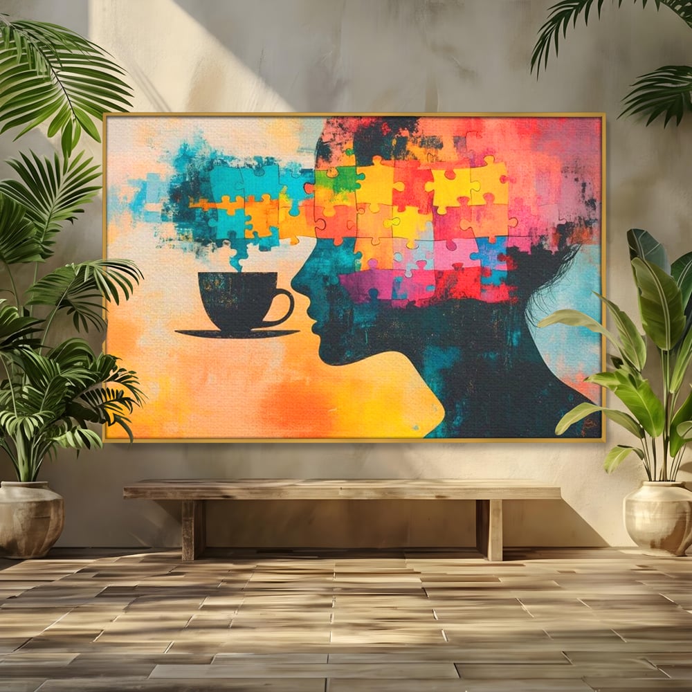 Tablou canvas cu tablou canvas cu silueta de femeie si puzzle, in rama de aluminiu auriu