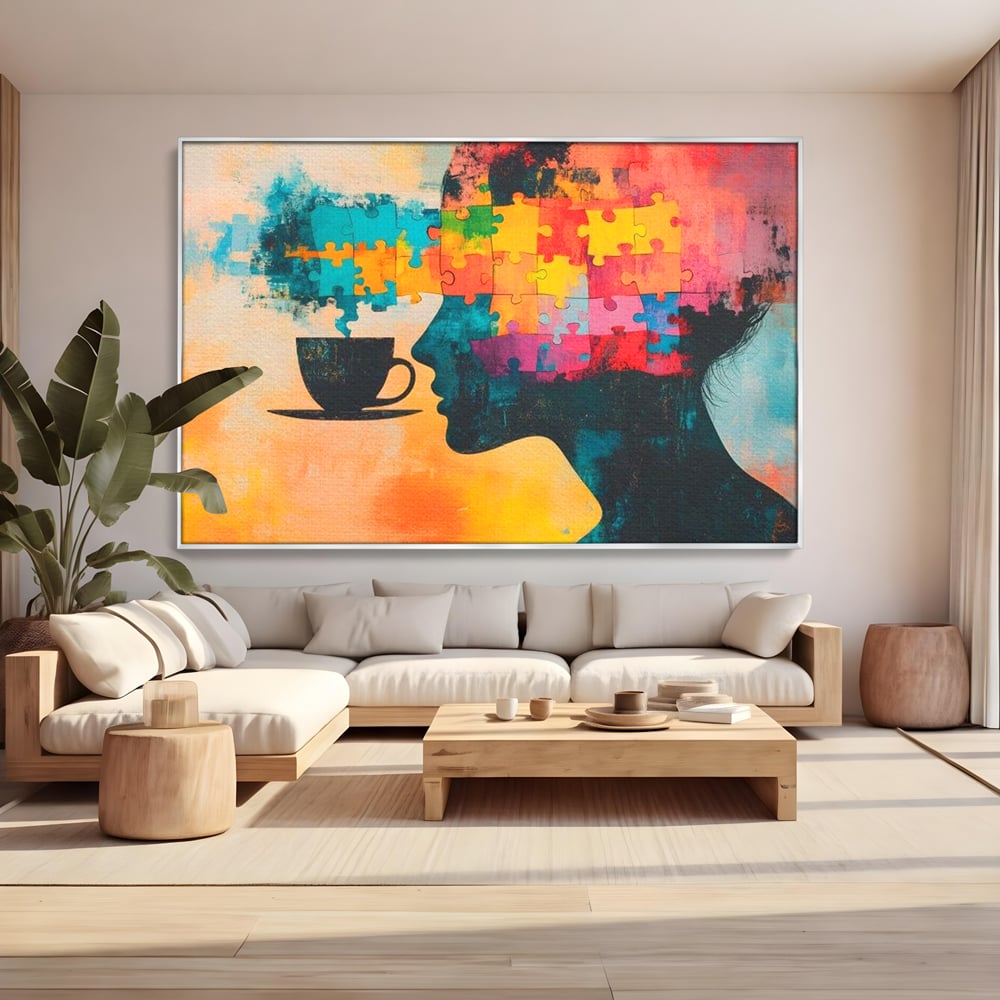 Tablou canvas cu tablou canvas cu silueta de femeie si puzzle, in rama de aluminiu argintiu, pe perete intr-un living