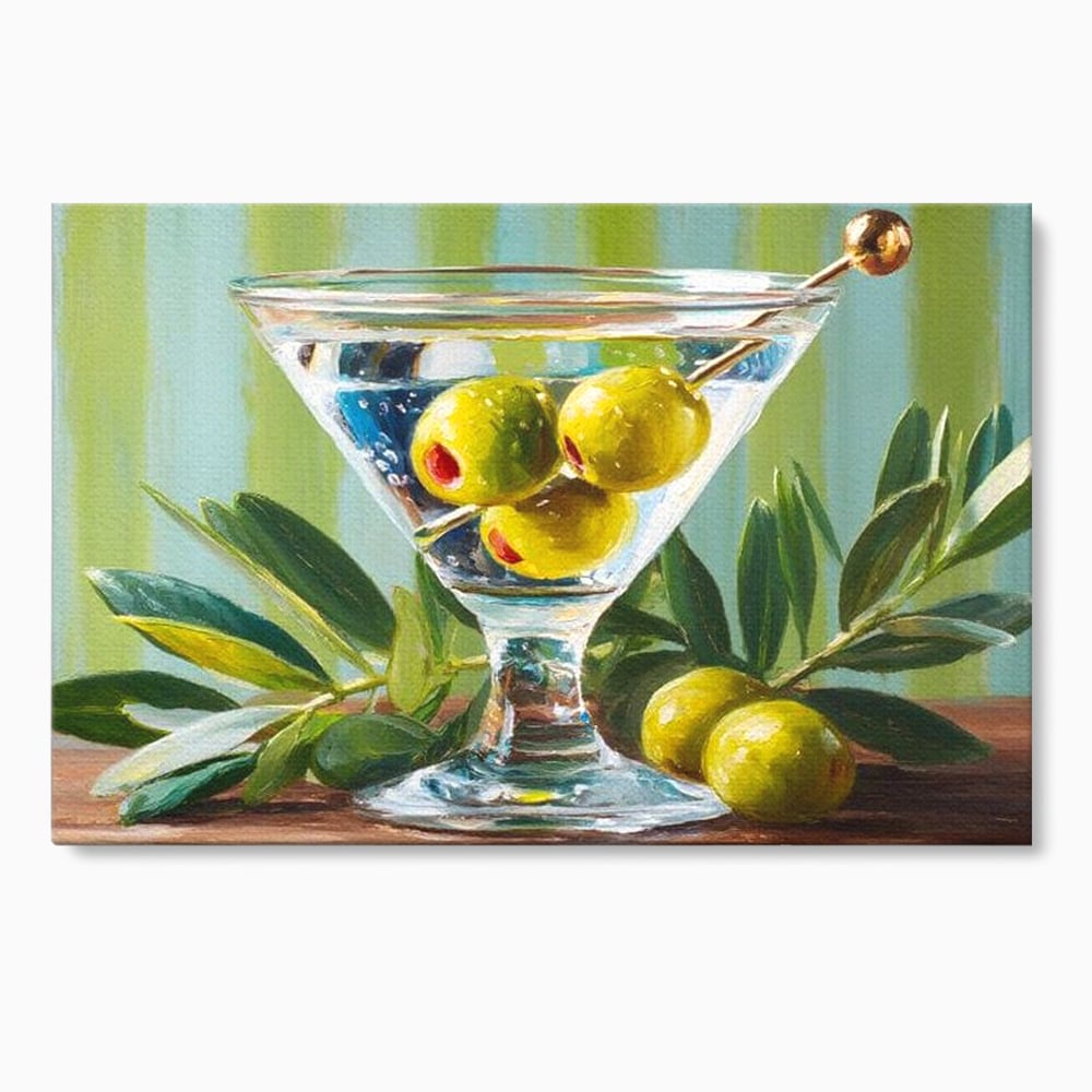 Tablou canvas cu pictura cu pahar martini si masline, fara rama, pe sasiu de lemn