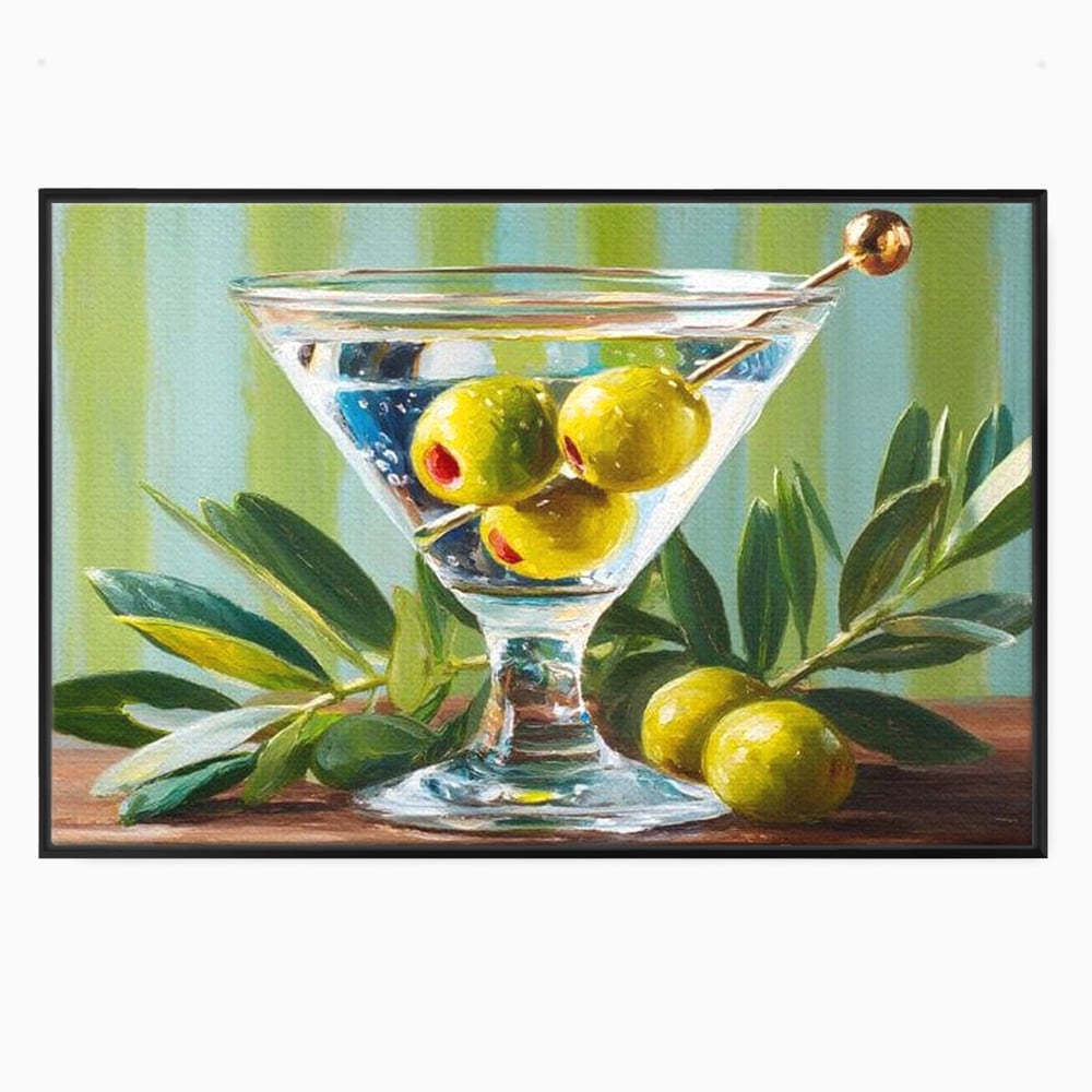 Tablou canvas cu pictura cu pahar martini si masline, in rama de aluminiu negru