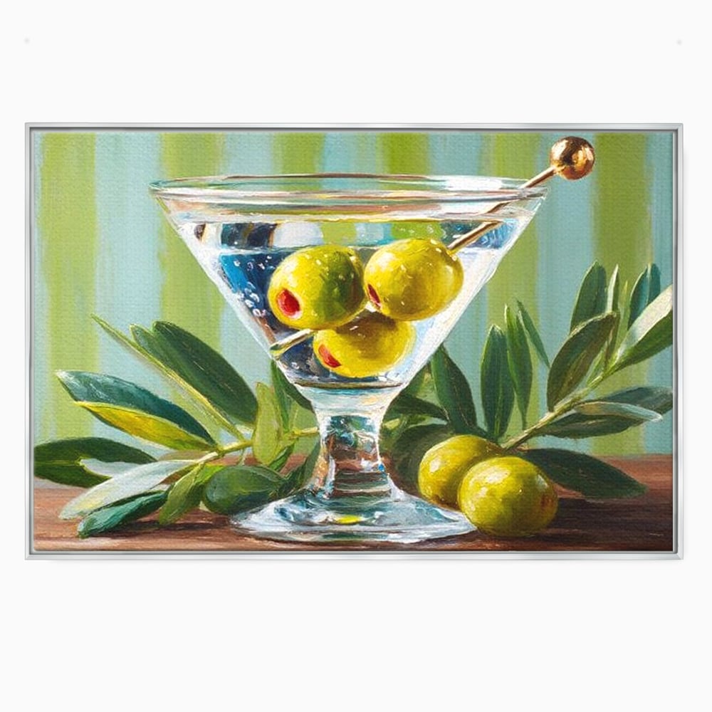 Tablou canvas cu pictura cu pahar martini si masline, in rama de aluminiu argintiu