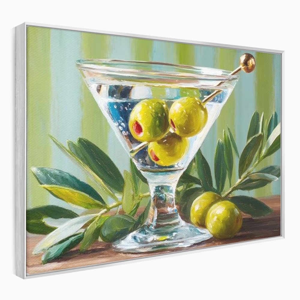 Tablou canvas cu pictura cu pahar martini si masline, in rama de aluminiu argintiu