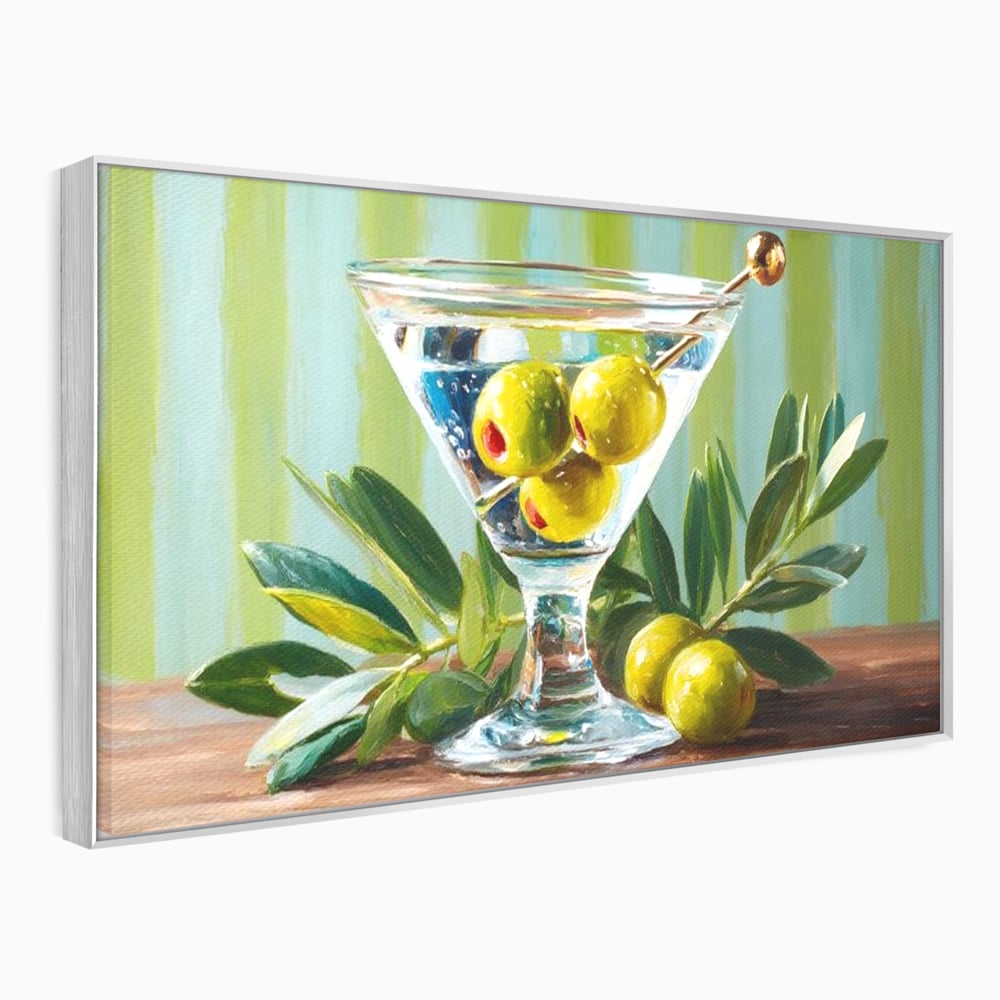 Tablou canvas cu pictura cu pahar martini si masline, in rama de aluminiu argintiu