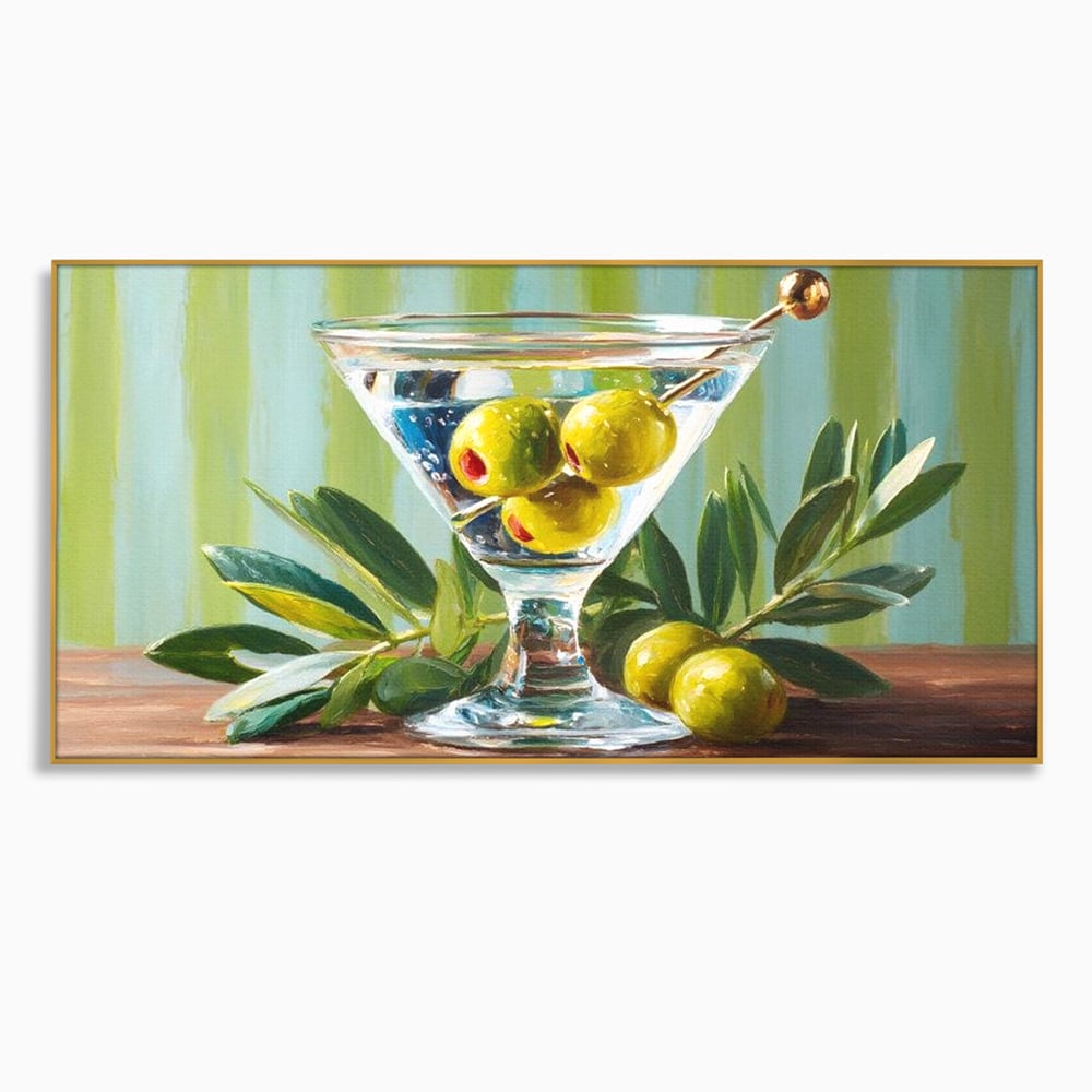 Tablou canvas cu pictura cu pahar martini si masline, in rama de aluminiu auriu