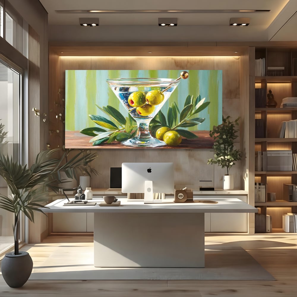 Tablou canvas cu pictura cu pahar martini si masline, fara rama, pe sasiu de lemn, pe perete intr-un birou