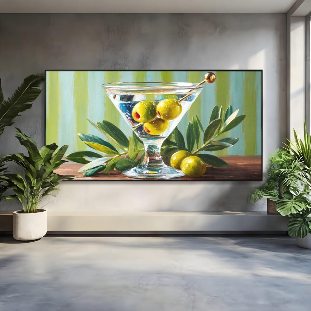 Tablou canvas cu pictura cu pahar martini si masline, in rama de aluminiu negru