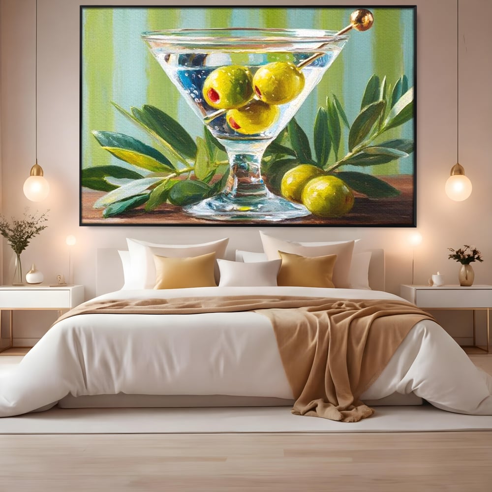 Tablou canvas cu pictura cu pahar martini si masline, in rama de aluminiu negru, pe perete intr-un dormitor