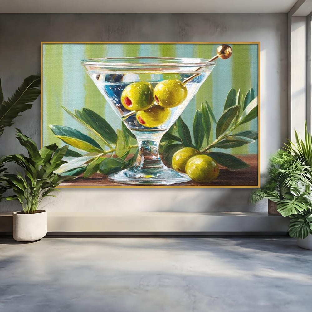 Tablou canvas cu pictura cu pahar martini si masline, in rama de aluminiu auriu
