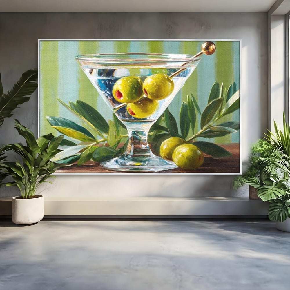 Tablou canvas cu pictura cu pahar martini si masline, in rama de aluminiu argintiu
