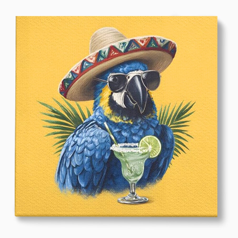 Tablou canvas cu tablou canvas cu papagal cu sombrero si cocktail, fara rama, pe sasiu de lemn