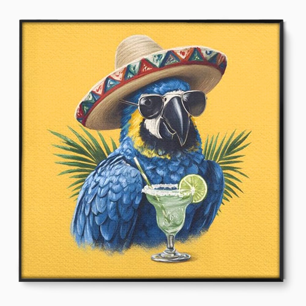Tablou canvas cu tablou canvas cu papagal cu sombrero si cocktail, in rama de aluminiu negru